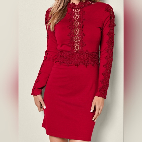 VENUS Dresses & Skirts - Venus Red Lace Detail Midi Dress Size M